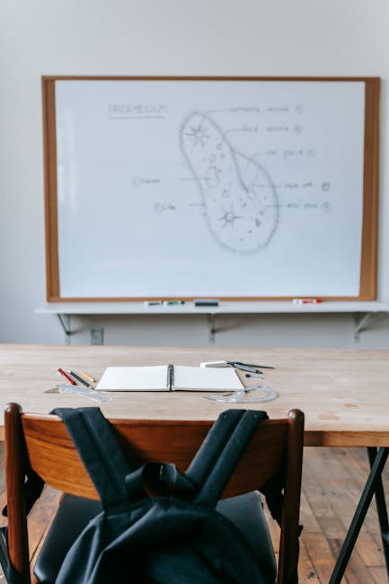 Aula di fisica all'Università di Bari con lavagna, quaderno e zaino, illustrando l'ambiente di studio del corso di laurea.