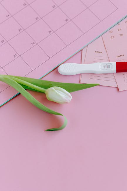 Test di gravidanza positivo su calendario rosa con tulipano bianco, simbolo di speranza e ricerca medica per la salute futura.