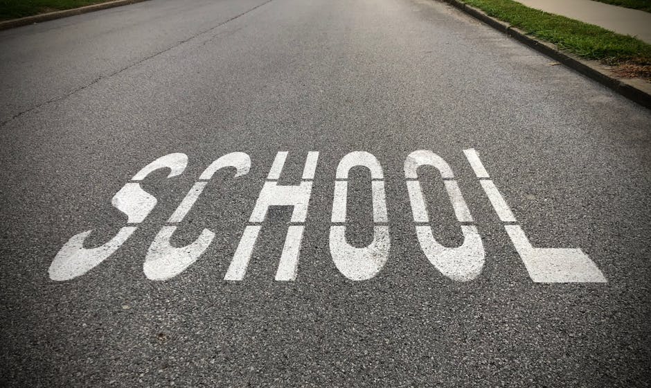 Segnaletica orizzontale 'SCHOOL' su asfalto, simbolo della scuola e del dimensionamento scolastico in Emilia-Romagna oggetto di diffida governativa.