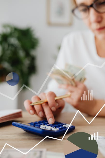 Donna che calcola dati finanziari con grafici sovrapposti, essenziale per comprendere i grafici matematici e l'analisi dei dati.