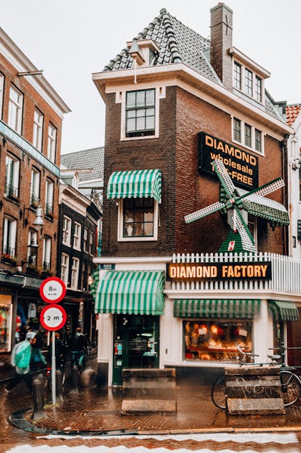 Facciata di Diamond Factory ad Amsterdam con insegna e mulino a vento decorativo, analisi vettoriale applicabile