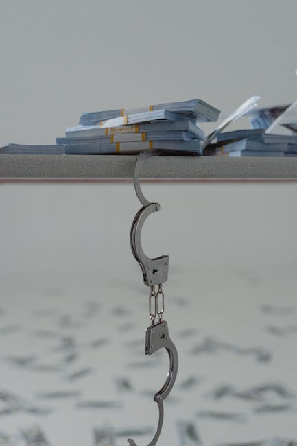 Manette che pendono da una pila di denaro, simbolo di crimini finanziari e conseguenze della depressione economica