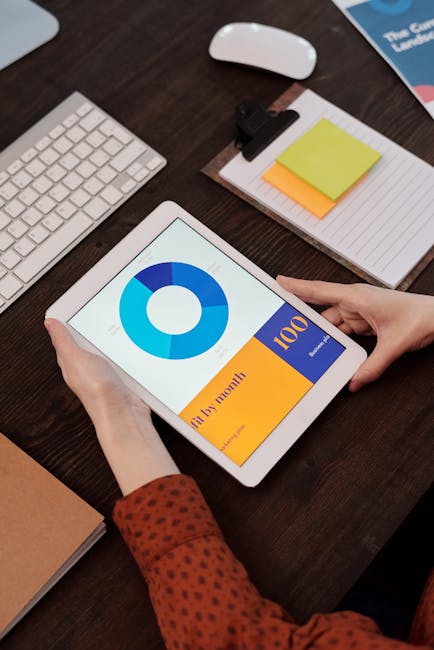 Analisi di poligoni concavi e convessi: grafico a torta su tablet che mostra dati di profitto mensile per il design contemporaneo.