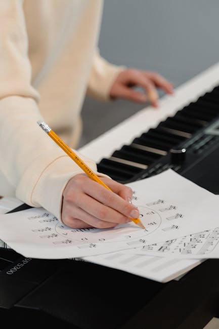 Persona che scrive su spartito musicale con cerchio delle quinte e pianoforte, strumento per potenziare la creatività musicale.