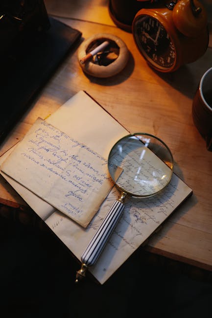 Natura morta con lente d'ingrandimento su lettere manoscritte, orologio e posacenere: evocazione del tempo perduto di Proust