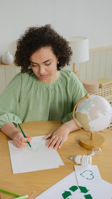 Studentessa disegna simbolo riciclo con set cancelleria ecologica: creatività e sostenibilità per un futuro green