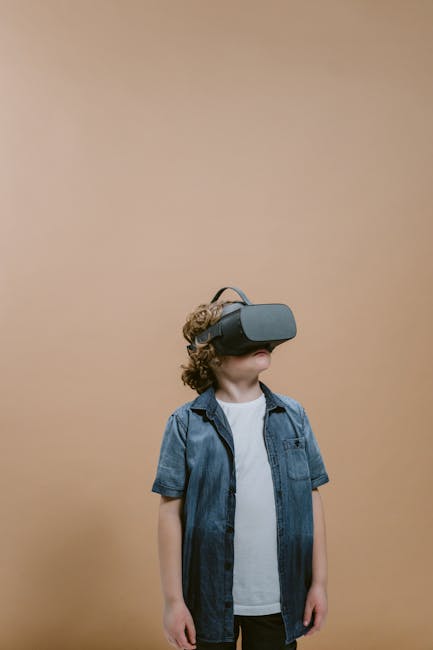 Bambino con visore VR esplora realtà virtuale per apprendimento immersivo, strumento digitale innovativo nell'istruzione moderna.