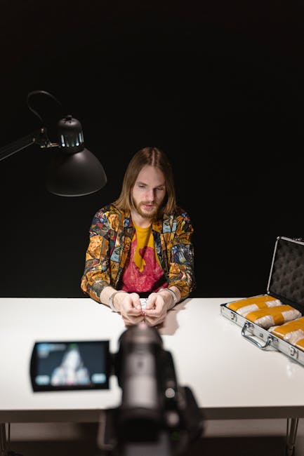 Uomo con valigetta piena di sostanze illegali ripreso da una telecamera, esempio di materia unica e pericolosa.