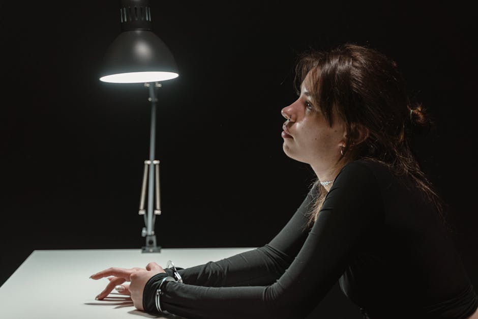 Giovane donna ammanettata sotto una lampada, metafora della pressione e del giudizio sui giovani nelle prove INVALSI secondo Corsini