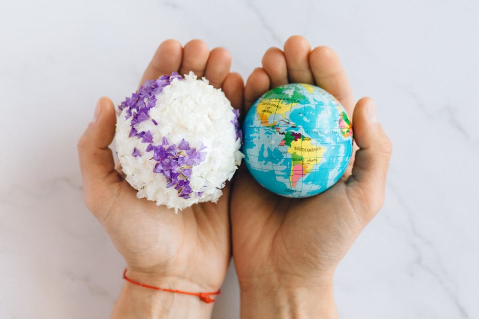 Mani che sorreggono un globo terrestre e una sfera bianca con fiori viola, simbolo della Giornata Mondiale dell'Acqua e della sua importanza.