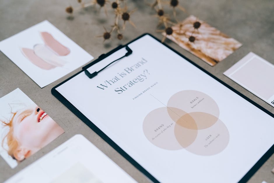 Strategia di branding su clipboard, elementi di design e moodboard per la comunicazione semi-strutturata e analisi qualitativa.