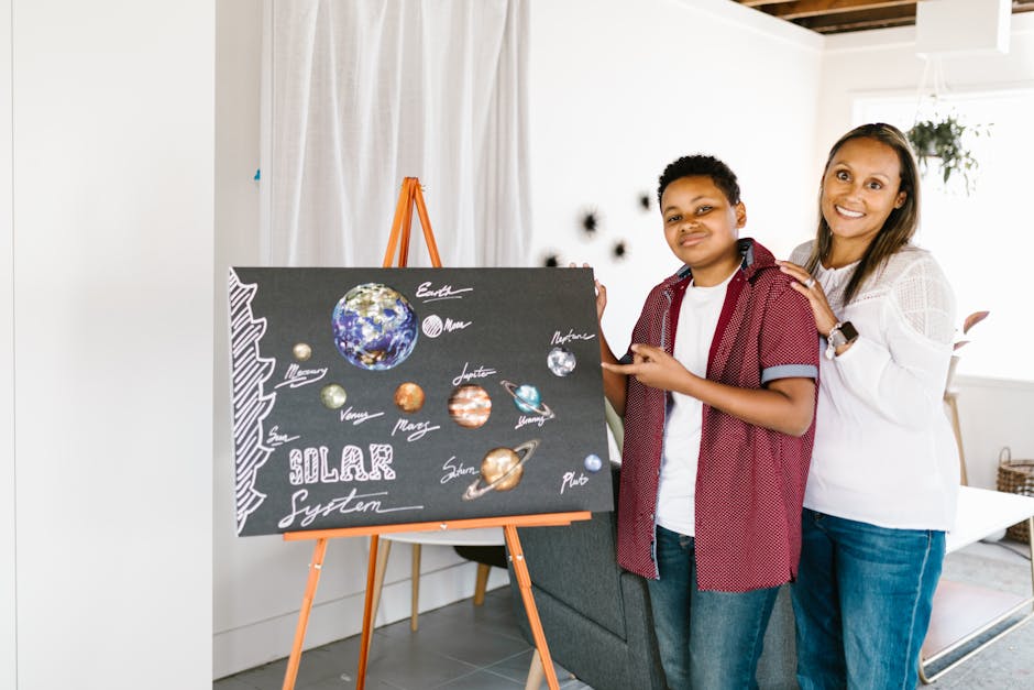 Madre e figlio presentano un progetto sul sistema solare, esempio di apprendimento basato sullo spazio in un ambiente educativo stimolante.