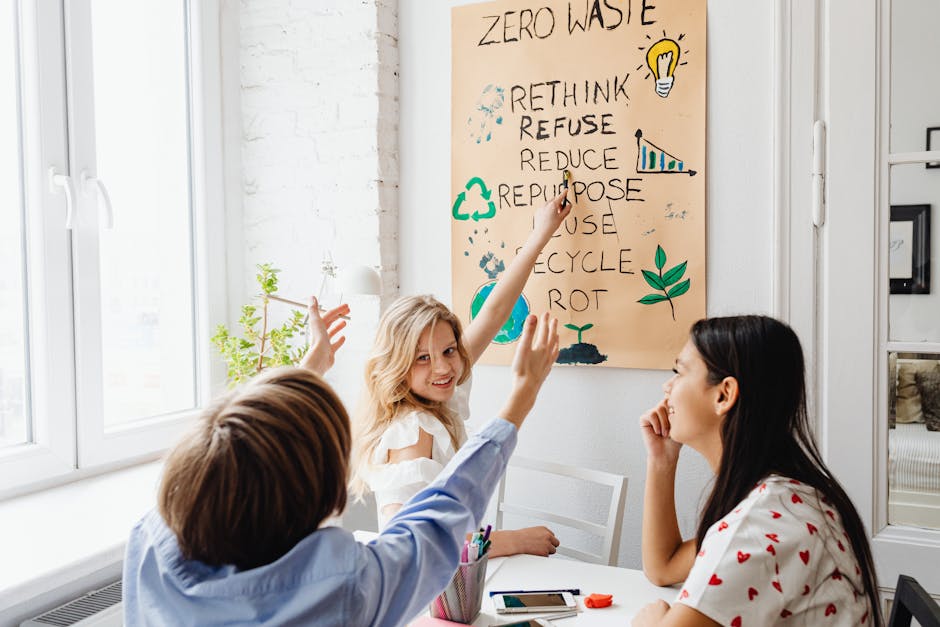 Bambini che imparano pratiche sostenibili con un poster Zero Waste, esempio di didattica innovativa e apprendimento online efficace.