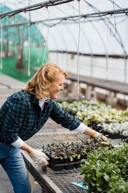 Donna sorridente che lavora in serra con piantine, promuovendo un ambiente positivo e crescita personale attraverso il giardinaggio.
