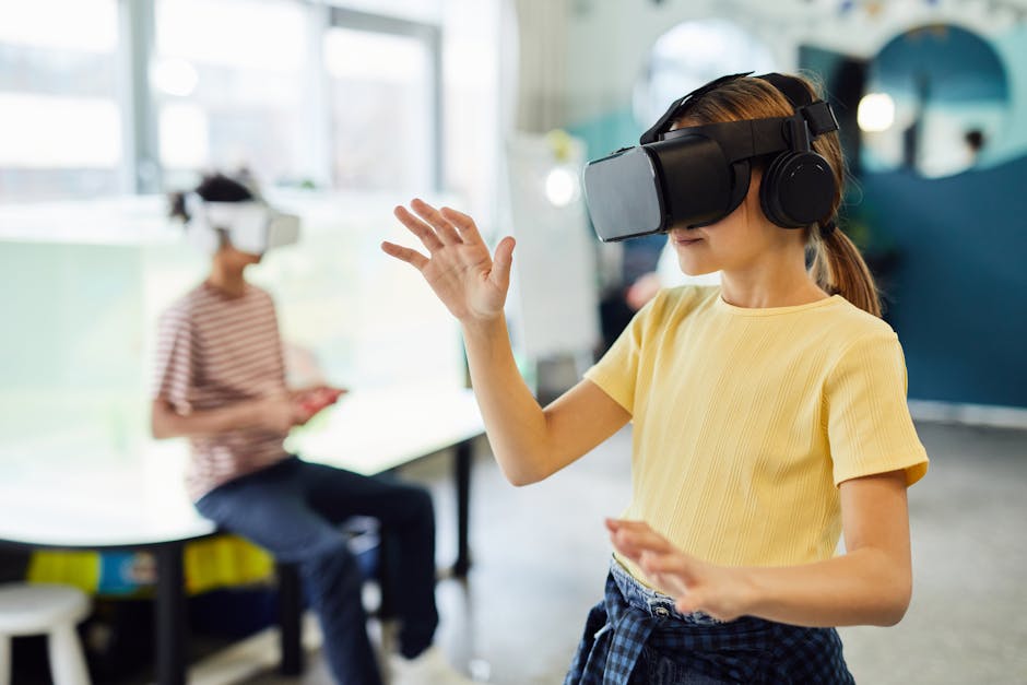 Bambina con visore VR che partecipa a esercizi ritmici innovativi, apprendimento immersivo e coinvolgente per bambini con realtà virtuale.