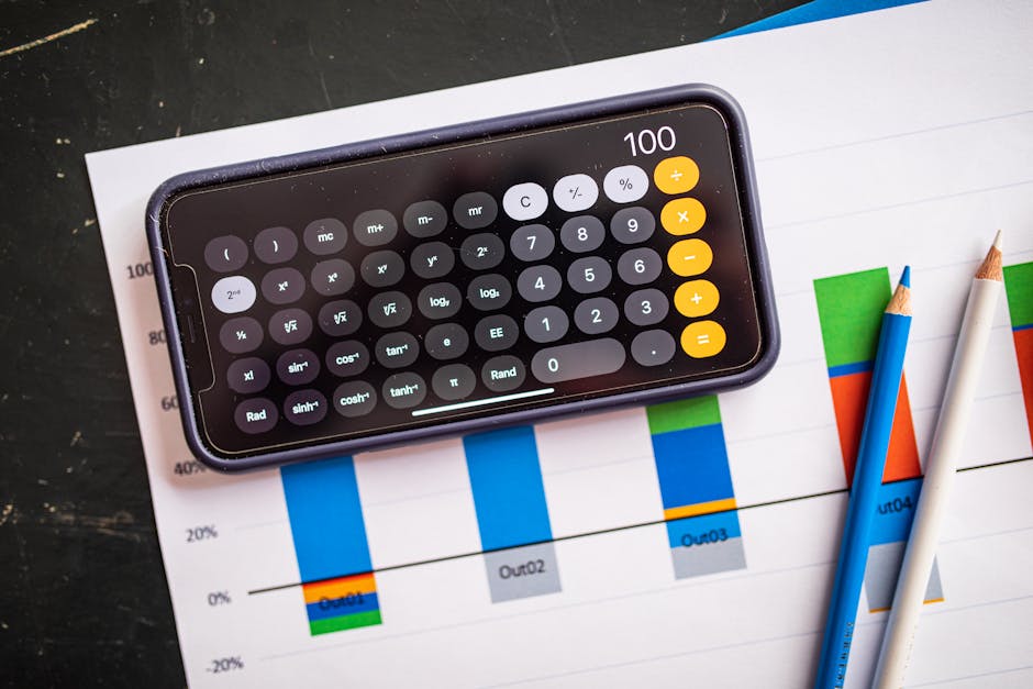 Calcolatrice su grafico finanziario per esercizi di matematica finanziaria e successo economico, analisi dati e calcoli