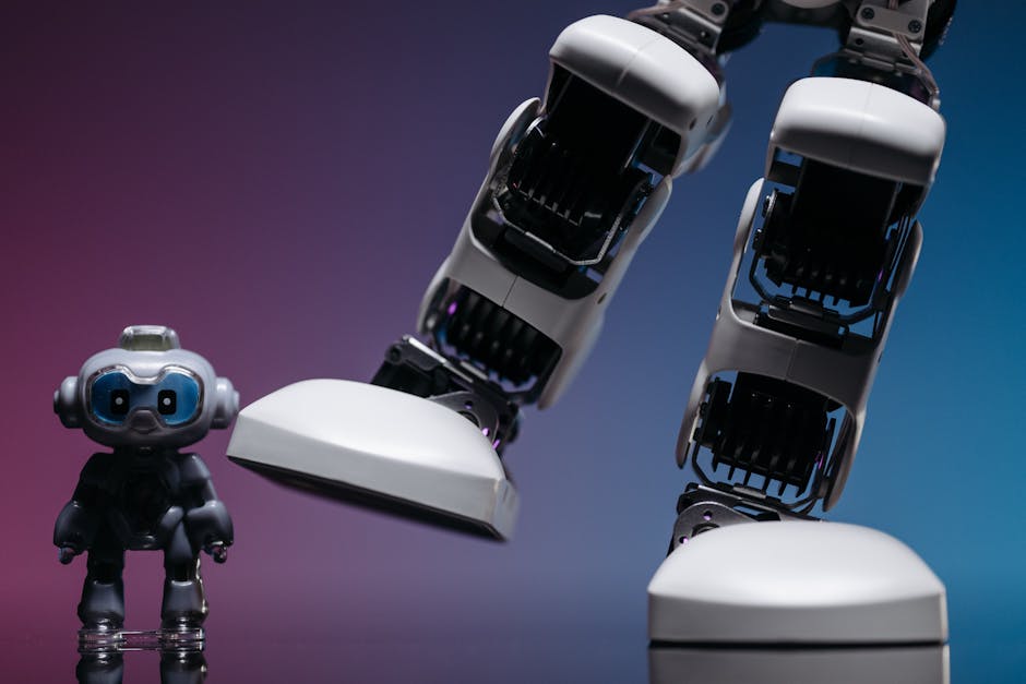 Intelligenza artificiale a scuola: robot piccolo di fronte a un robot grande, metafora della sfida etica e educativa