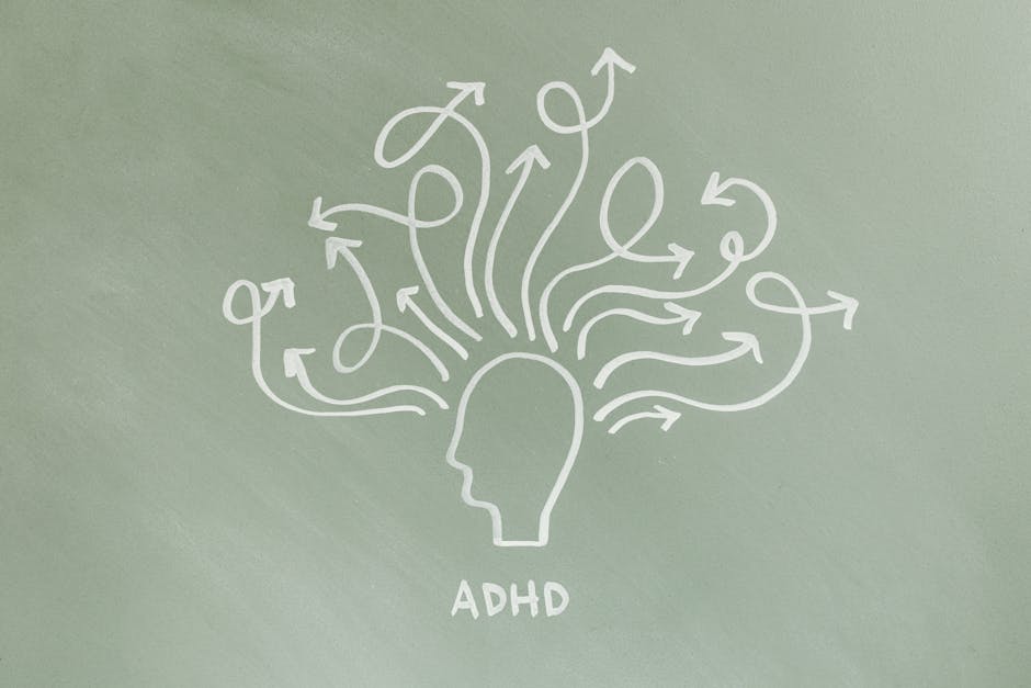 Illustrazione ADHD: testa con frecce divergenti, simbolo difficoltà concentrazione e iperattività in classe per docenti.