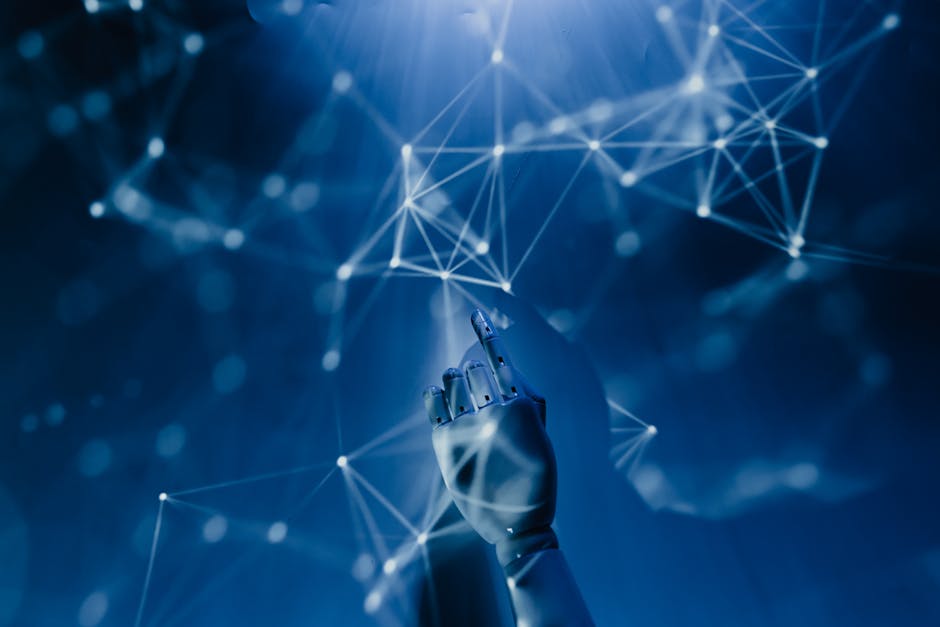 Mano robotica che interagisce con una rete neurale digitale, simboleggiando la formazione in Intelligenza Artificiale e l'uso dei fondi DM 219/2025.