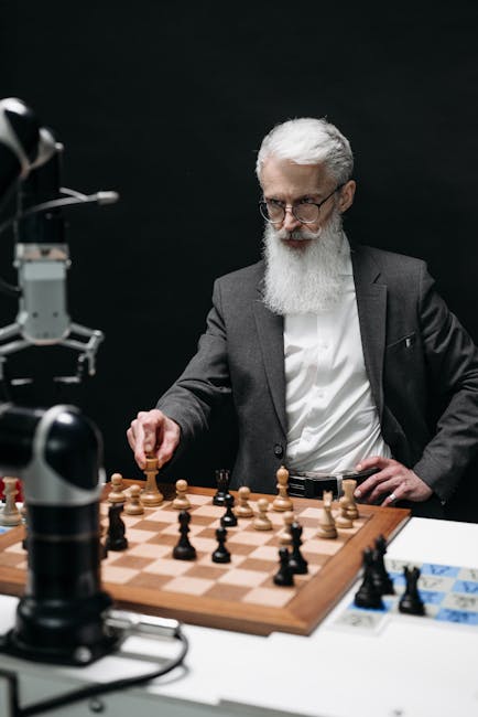 Uomo anziano con barba bianca gioca a scacchi contro un robot, innovazione e strategia nel gameplay, concentrazione e sfida