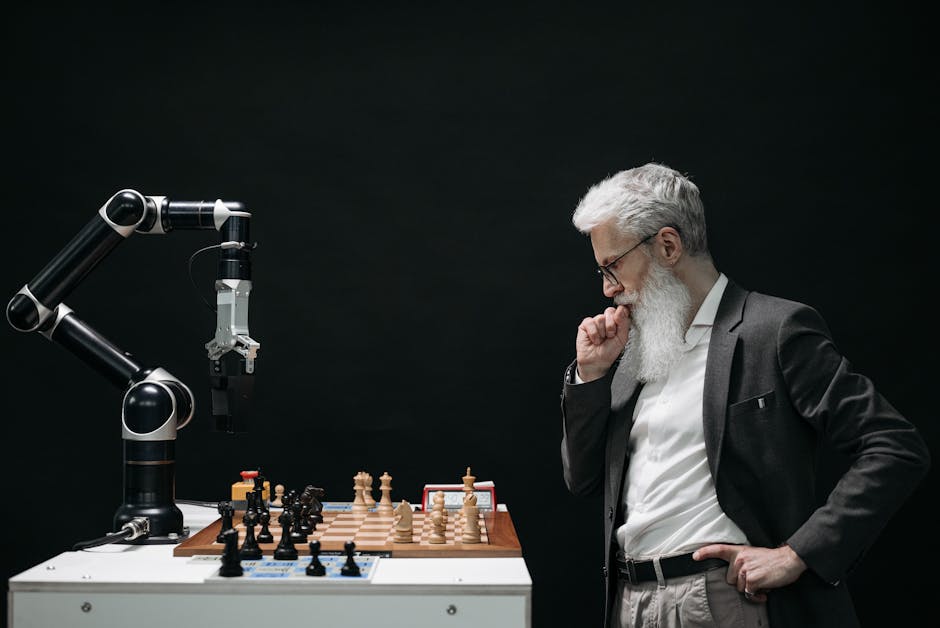 Uomo anziano che gioca a scacchi contro un robot, metafora della sfida dell'IA e della necessità di formazione per gli insegnanti.