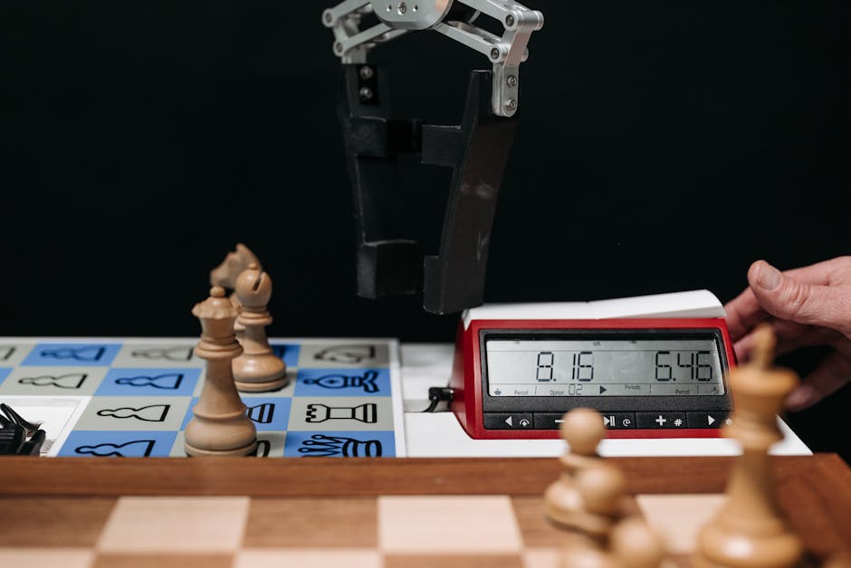 Scacchiera con robot e orologio: metafora della gestione del tempo per studenti e pianificazione strategica