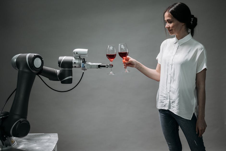 Donna osserva robot che offre bicchieri di vino rosso, intelligenza artificiale e futuro dei dispositivi indossabili Apple