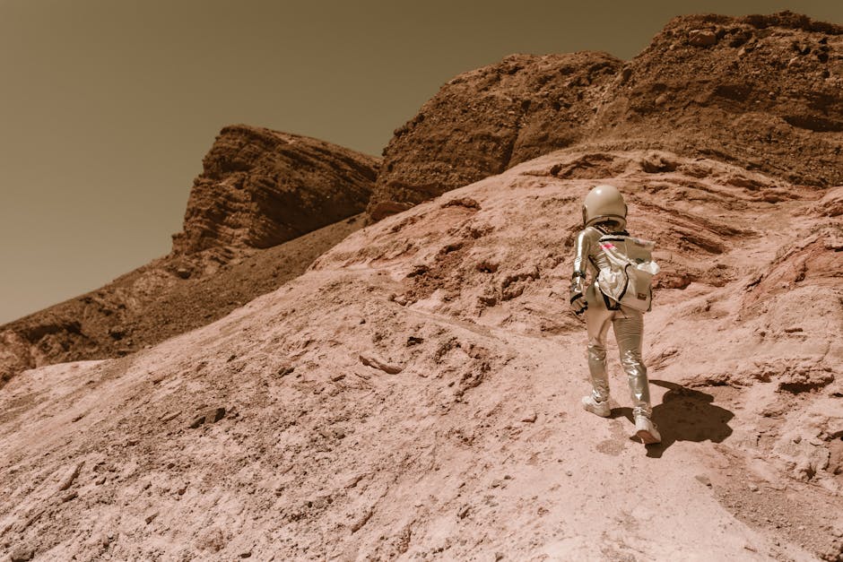 Astronauta su Marte metafora dell'esplorazione di nuove frontiere nell'istruzione con la tecnologia per un futuro migliore.