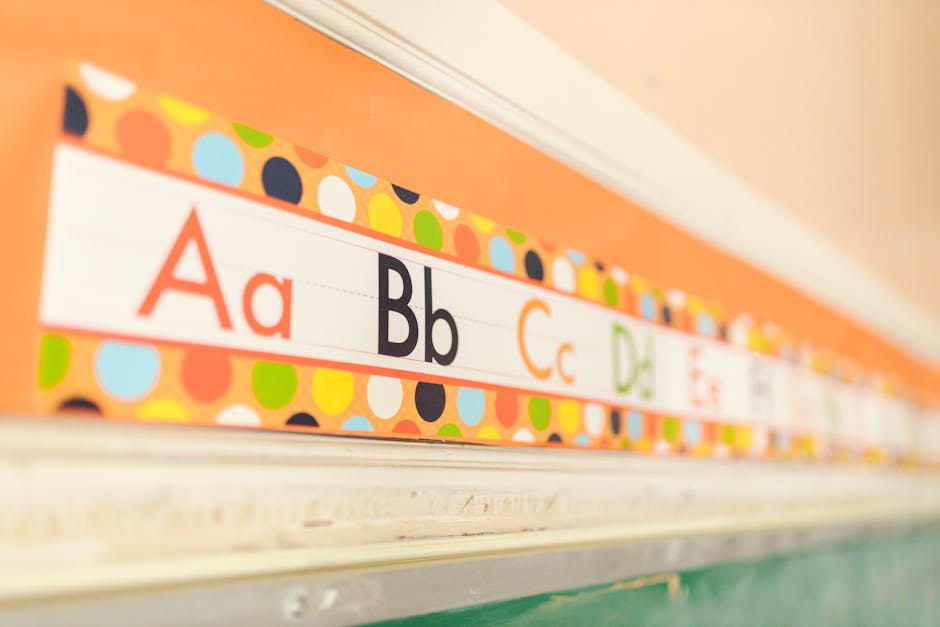 Alfabeto murale in aula scolastica, strumento didattico per l'apprendimento delle lettere, utile per l'educazione dei bambini