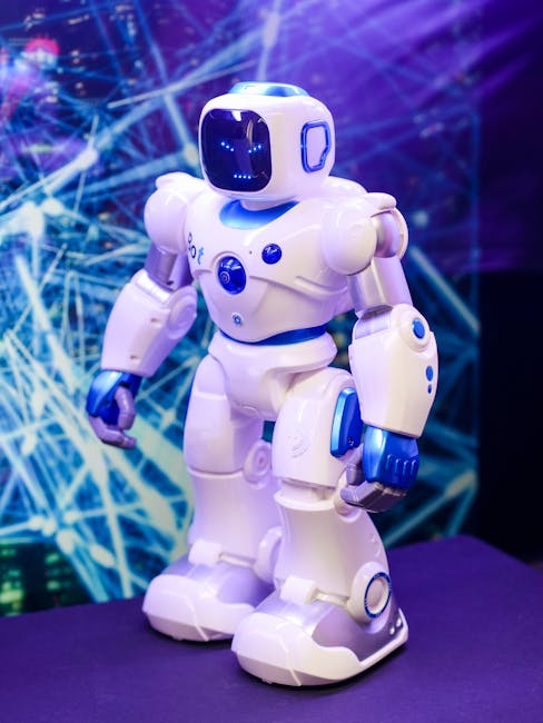 Robot umanoide bianco e blu, possibile avatar IA per la sostituzione di docenti nelle scuole e università, intelligenza artificiale