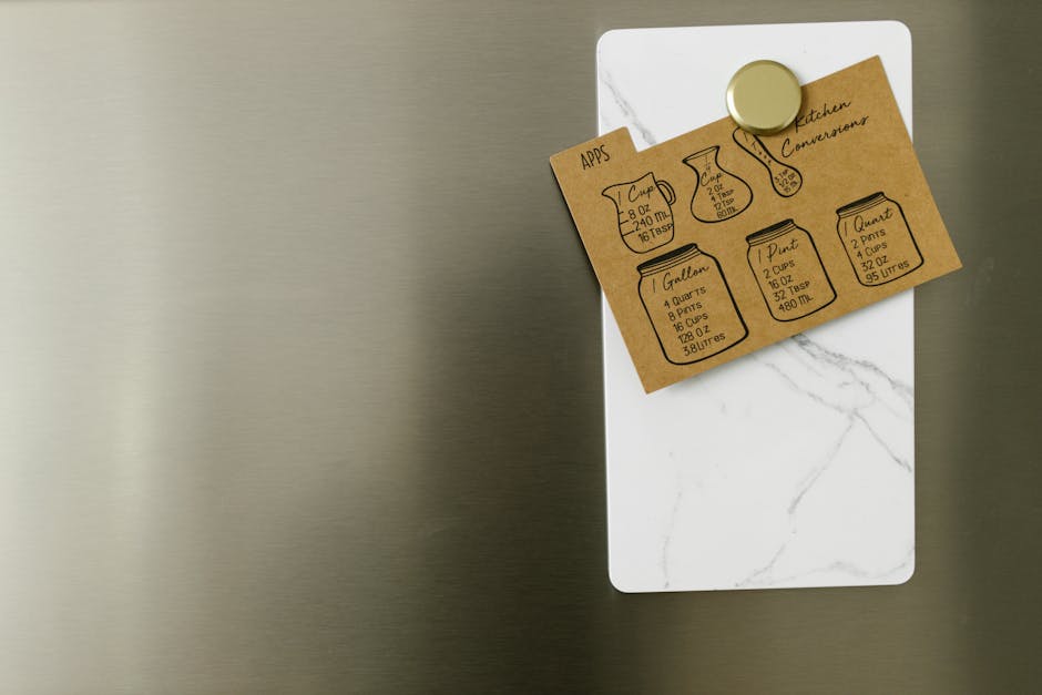 Tabella di conversione litri kg e altre unità di misura per cucina, promemoria magnetico sul frigorifero per ricette precise.