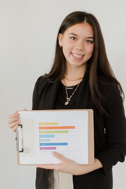 Donna sorridente mostra grafico a barre colorato, strategie di apprendimento e successo personale, analisi dati e risultati.