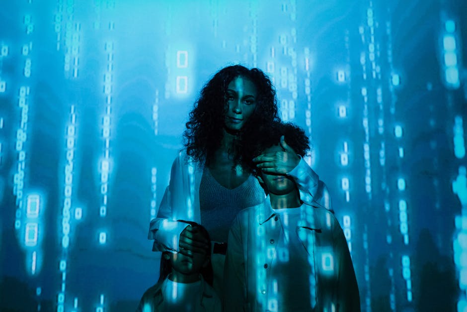 Madre protegge i figli dalla perdita di privacy digitale nell'era tecnologica con codice binario sullo sfondo, concetto di sicurezza dati.