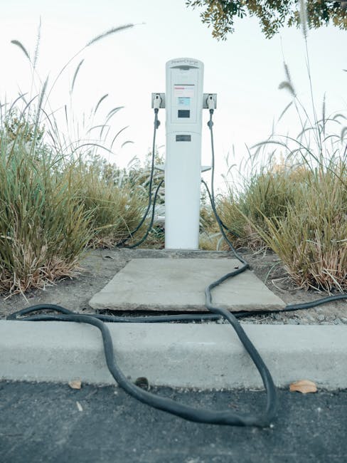 Stazione di ricarica per auto elettriche PowerCharge immersa nel verde, simbolo di innovazione sostenibile e mobilità del futuro