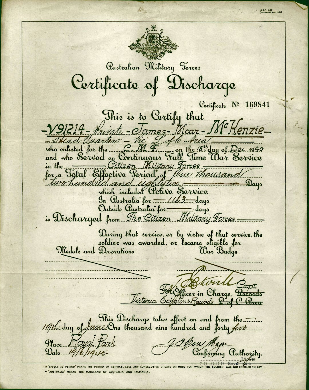 Certificato di congedo militare australiano di James Moar McKenzie: documento storico rilevante per ATA 24 mesi e D. Lgs. 13/2013.