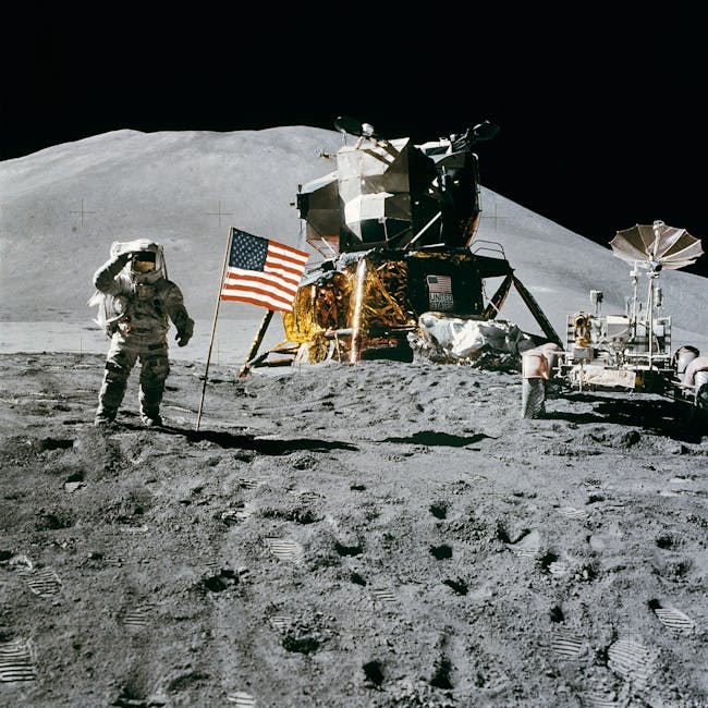 Astronauta americano sulla Luna con bandiera USA e modulo lunare, simbolo di energia e determinazione nelle Olimpiadi Americane.